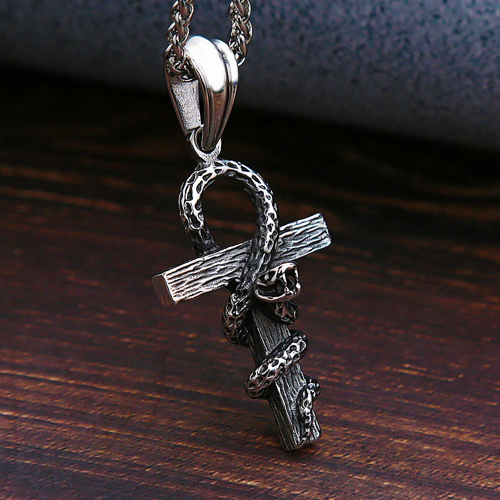 

Vintage Stainless Steel Cross Snake Necklace Men Fashion Ancient Egypt Cross Pendant Snake Chain Punk Hip Hop Party Jewelry