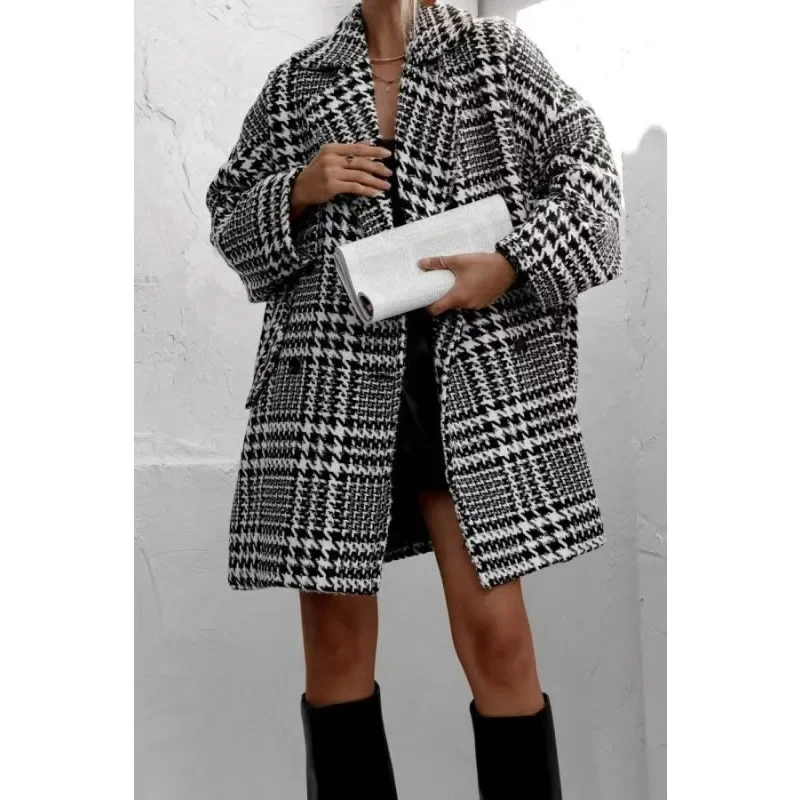 

Plus Size Women Thickened Loose Plaid Woolen Coat Women Houndstooth Pattern Overcoat Elegant Lapel Leisure Loose Jackets