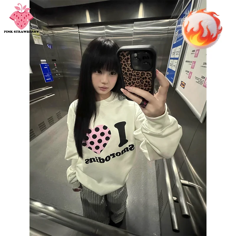 

Американская белая плюшевая толстовка с круглым вырезом, женская осень-зима 2025, новая толстовка большого размера, пуловер, свободный топ Y2K, милая женская одежда