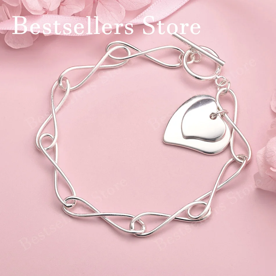 

925 sterling silver 8-inch exquisite double layered heart-shaped bracelet for women's fashion wedding jewelry accessories
