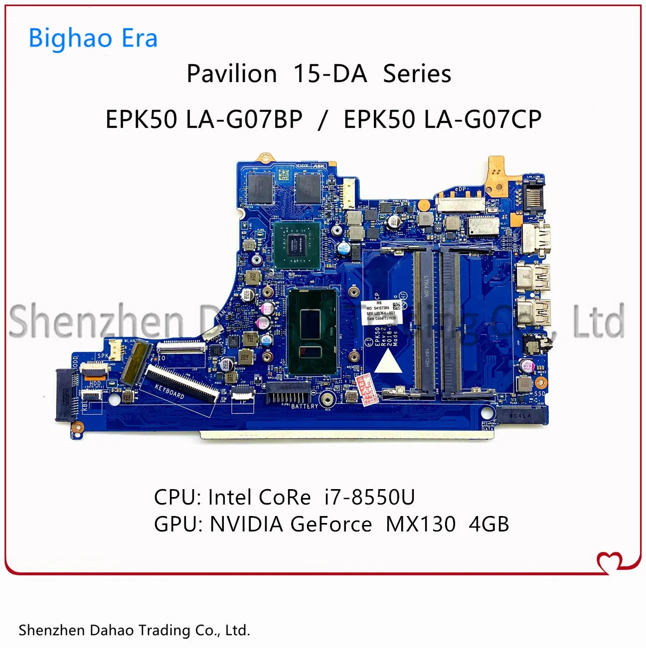 

For HP Pavilion 15-DA 15Z-DA Laptop Motherboard EPK50 LA-G07BP LA-G07CP With i7-8550U CPU 4G-GPU L20364-601 L20368-601 100% Test