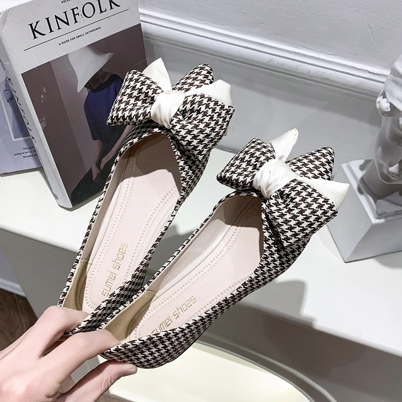 Summer Women Flats Shallow Mouth Pointed Toe Plaid Bowknot Lady Flat Shoes Large Size 42 43 44 45 46 Slip on Moccasins Female