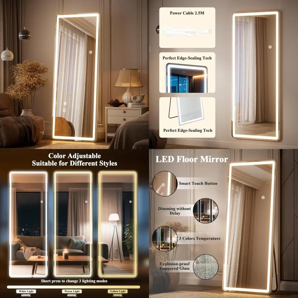 LED-beleuchteter Ganzkörperspiegel – 64 x 21 bodenstehend, abgerundete Ecken, 3-Farben-Beleuchtung, ideal für Schlafzimmer oder Ankleide