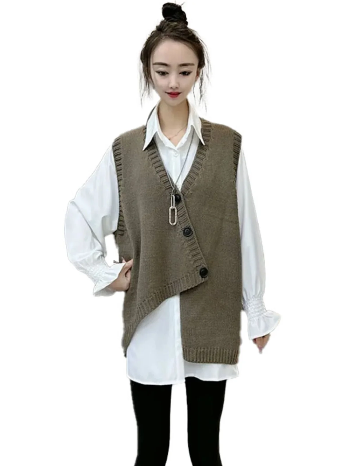 Women's Loose Knitted Vest Irregular Slant Bule Design Spring Autumn New Sle V-Ne Pure Color Versatile Layering Top