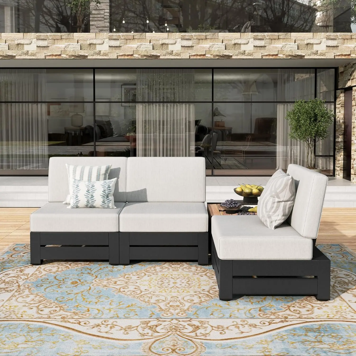 

Комплект садовой мебели, 4 предмета: всепогодный уличный секционный диван с кофейным столиком 28 дюймов и водонепроницаемым столиком толщиной 5,9 дюйма, на заказ