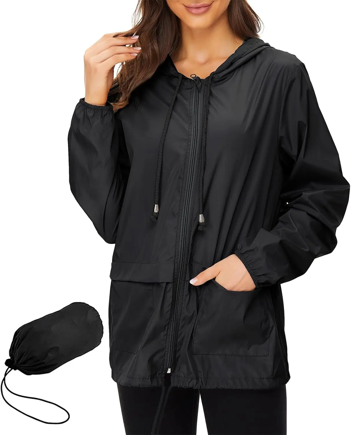

Lightweight Waterproof Women's Rain Jacket with Hood, Packable for Outdoor Activities