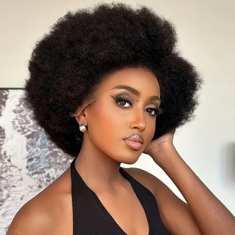 Afro Kinky Curly 13x4 Lace Front Wig Natural Color Afro Bob Human Hair Natural Hairline 200% Density 8 Inch Short Human Hair Wig