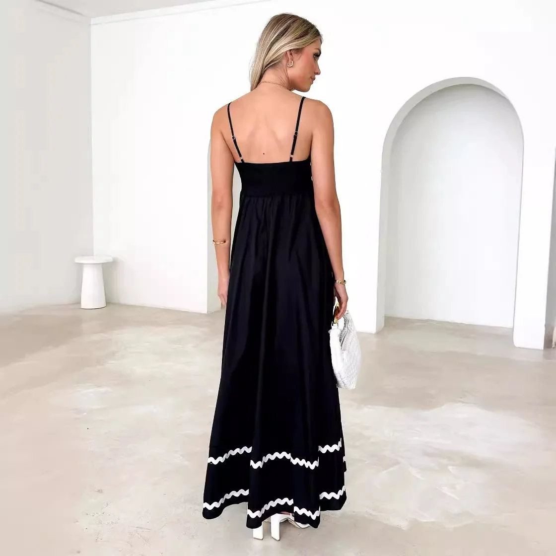 Europe and America 2024 Summer Strap Low Square Collar Layered Elegant Beach Holiday Party Long Dress