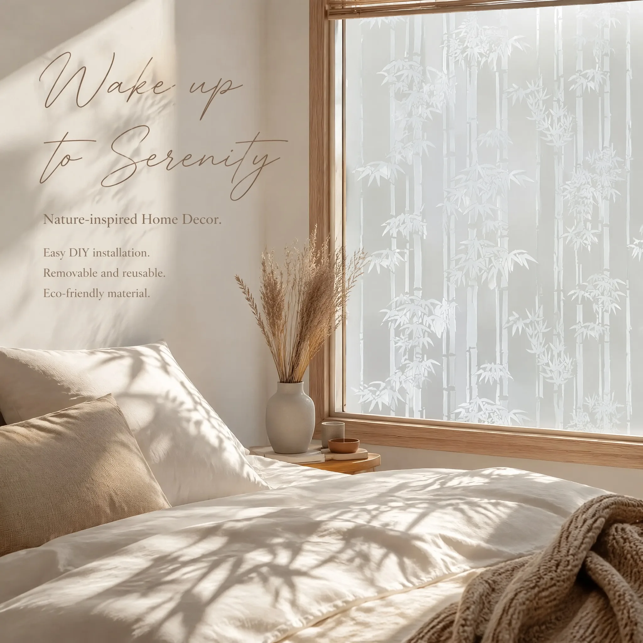 Elegant Minimalist Bamboo Frosted Privacy Window Film Built-in Adhesive Soft Light Filter Cuttable PVC for Zen New Chinese Style view 3