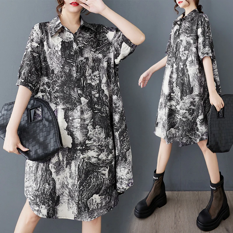 

Summer New Sle Loose Faionable Printed Midi irt Dr Versatile Simple Design Korean Version Polyester Fiber ort Sve