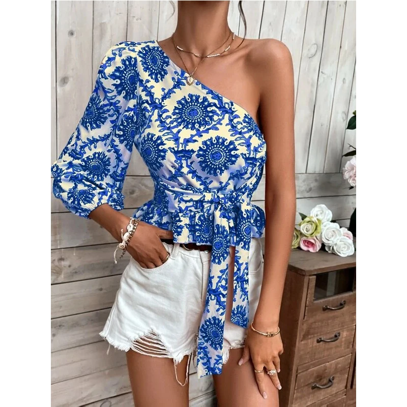 Cross border 2024 New Summer Mandala Printed One Shoulder Lantern Sleeves with ruffled hem, tied shirt and top with straps