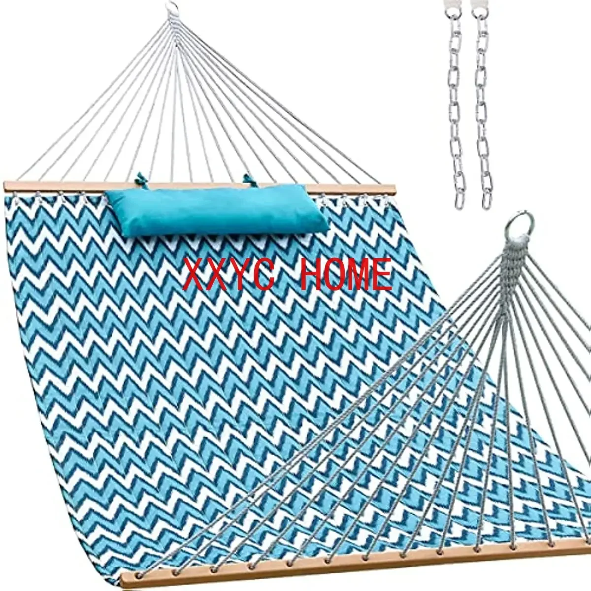 12 FT Quilted Fabric Double Hammock with Spreader Bars 2 Person Hammock for Outdoor with Detachable Pillow Camping Hanging Bed