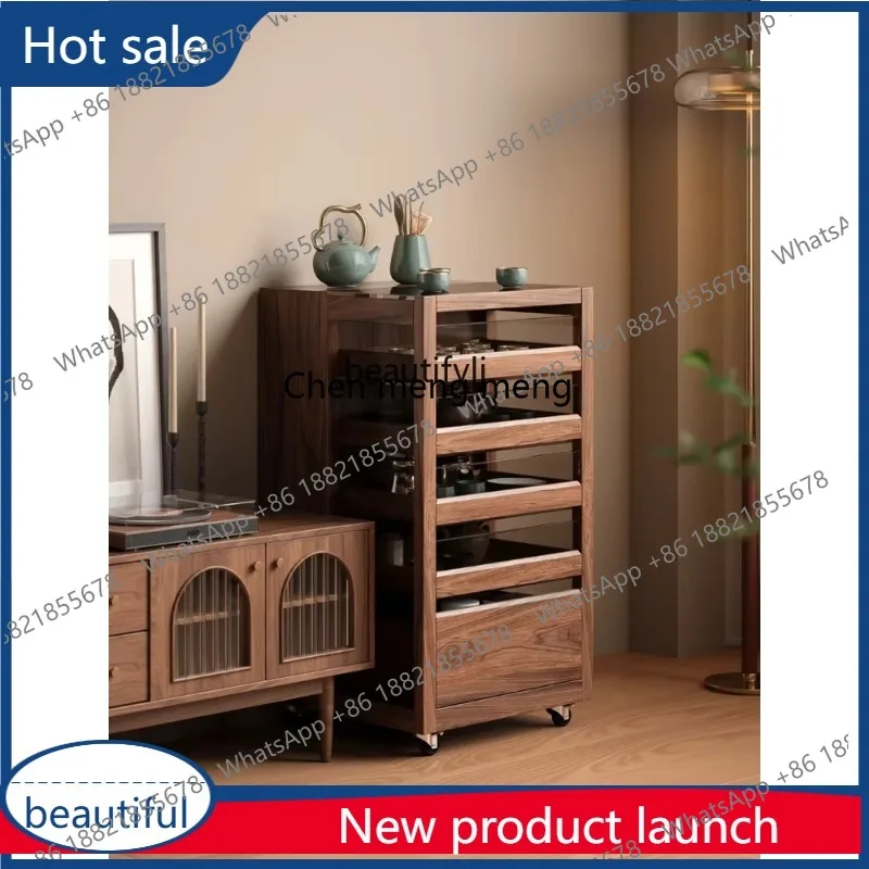 s8617 طقم شاي من الخشب الصلب خزانة عرض خزانة جانبية متحركة طاولة شاي من خشب الجوز الأسود خزانة شاي #1