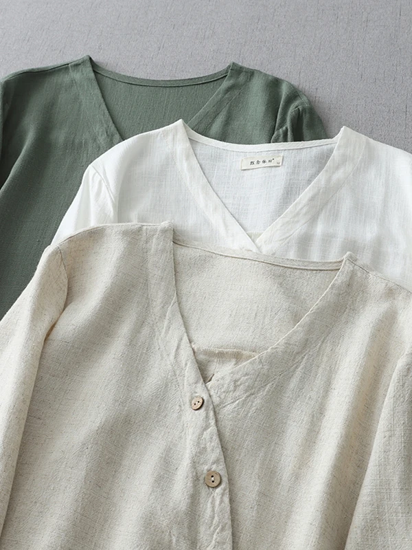 سترة بوهو سلي بيور كولور من القطن والكتان irt Jaet مقاس كبير للنساء بأزرار جانبية خمسة Sve V-Ne سترة صيفية مفتوحة #5