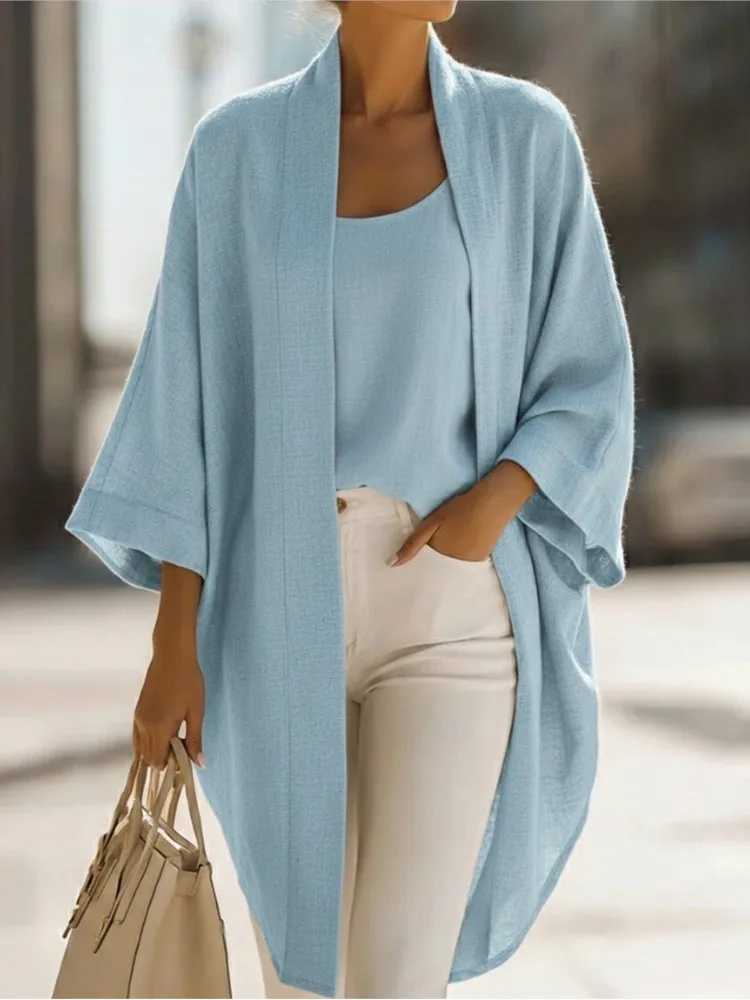

Summer Elegant Top Shirt New Solid Loose Cardigan Casual Suit Women's Fashion Versatile Long Coat Two-piece Set Womens Clothing