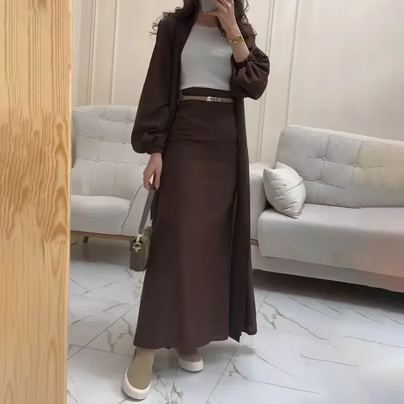 أنيقة الصلبة سترة طويلة تنورة قطعتين مجموعة النساء خمر مزاجه المألوف التعادل متابعة حفلة عطلة مكتب الملابس 2025