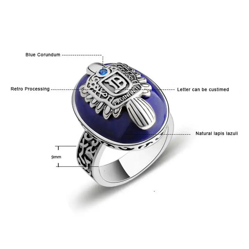 The Vampire Diaries Rings Real 925 Sterling Silver Damon Salvatore Ring Men\'s With Lapis Lazuli Natural Stone Customized Jewelry