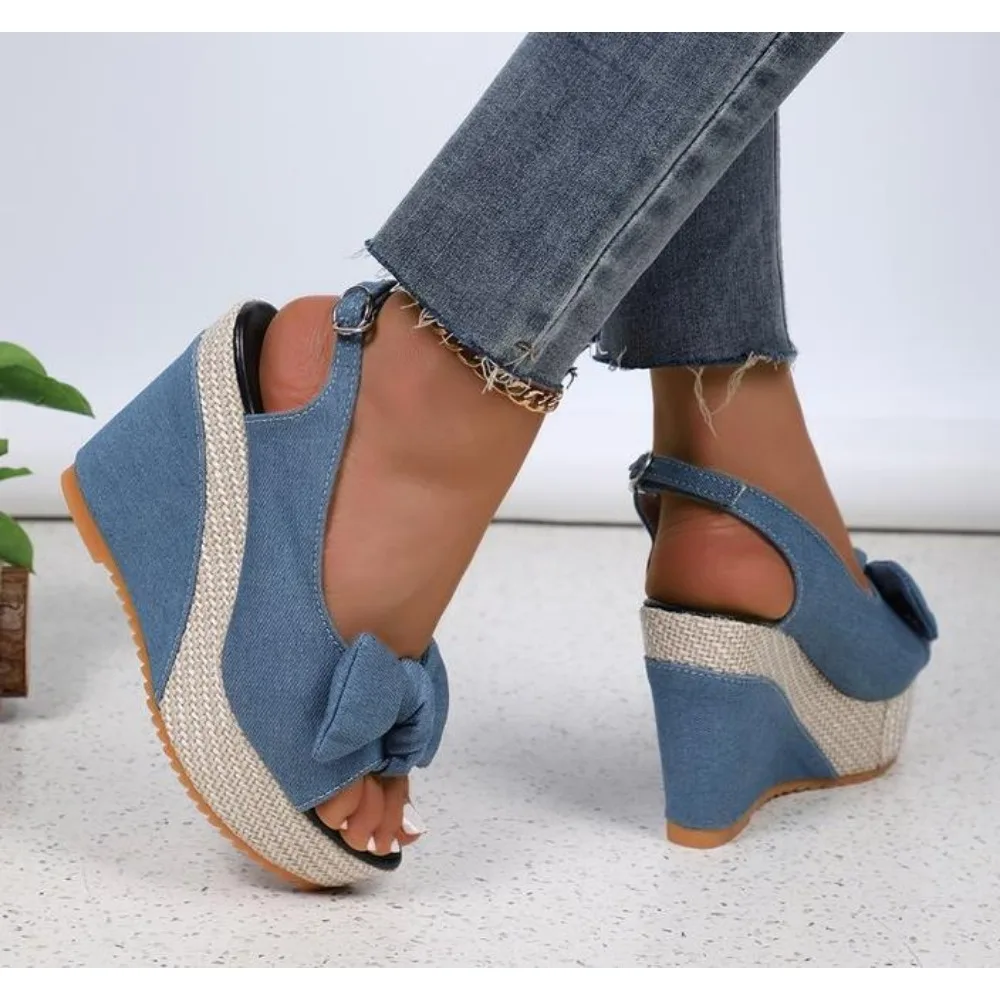 Shoes for Women Ankle Buckle Wedges Sandals for Women Summer Denim Sandal Comfortable Thick Sole  Mujer Plus Size 35-42