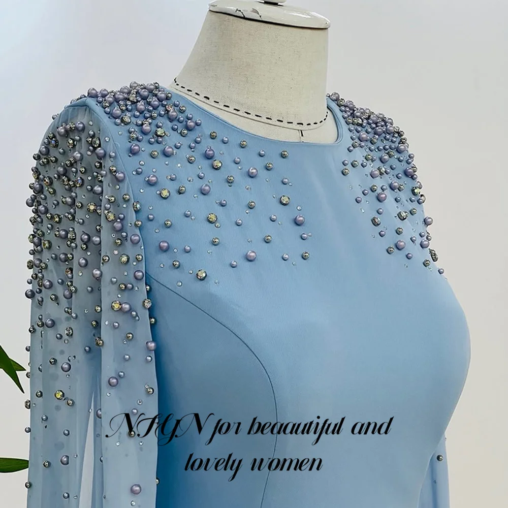 NFYN robe de bal bleu clair col rond robe de soirée en mousseline de soie embellissements de perles robe de soirée manches longues robes de soir personnalisé
