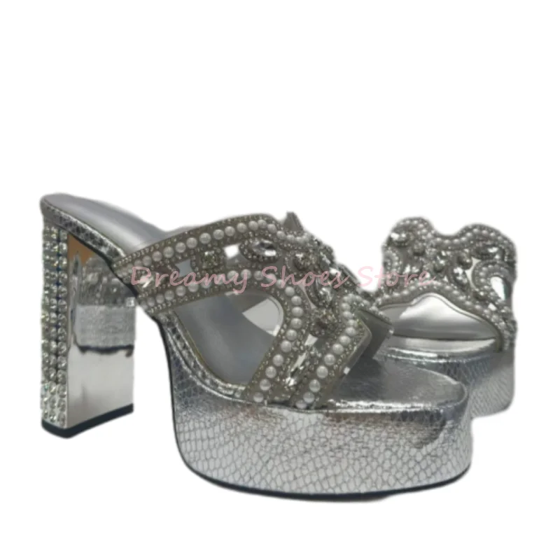 Silver Shiny Rhinestone Pearl Decor Platform Sandals Women Peep Toe Hollow Mules Slippers Luxury Elegant Wedding Party Shoes New