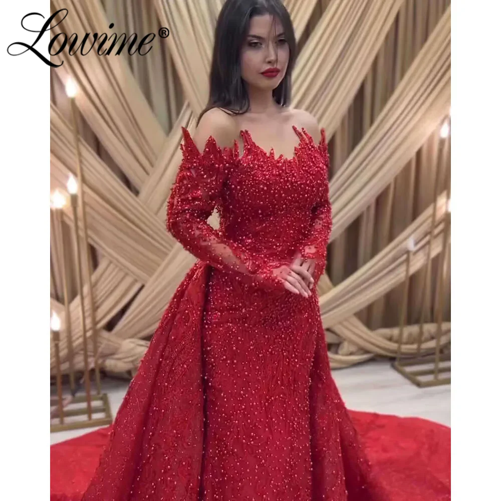 Elegante vermelho fora do ombro árabe vestidos de festa de casamento personalizado miçangas sereia vestido de baile com trem destacável vestidos de noite