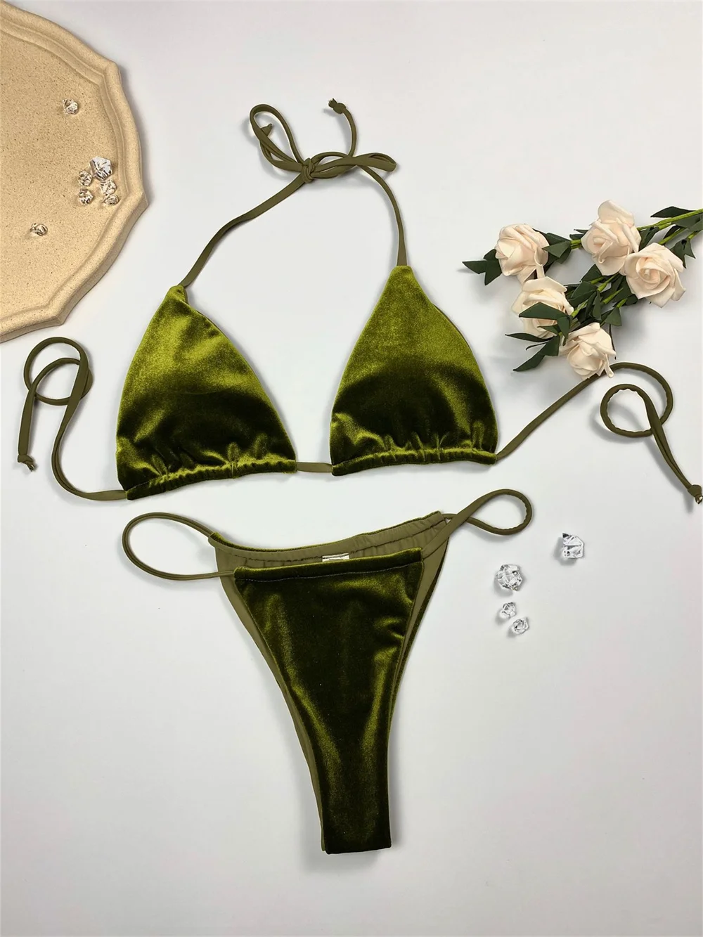 

Бархатное бикини, экстремальный купальник-стринги, открытая спина, на шнуровке, отпускной купальник, микро-бикини, стринги, женский пляжный наряд Y2K, купальный костюм