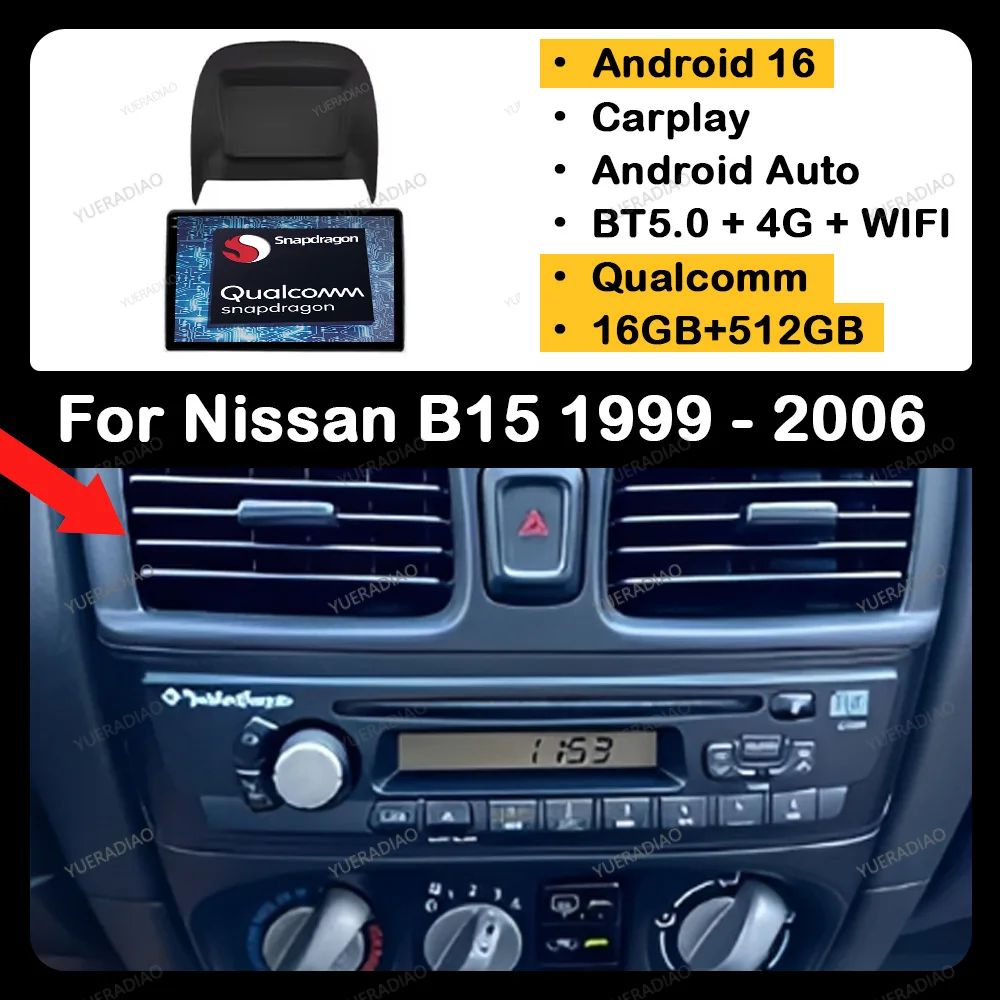 Radio para Auto Android 16 para Nissan Sentra 5 B15 1999-2006, Unidad Principal Multimedia Estéreo, Reproductor de Video, 4G WIFI, Carplay, Auto QLED 2DIN