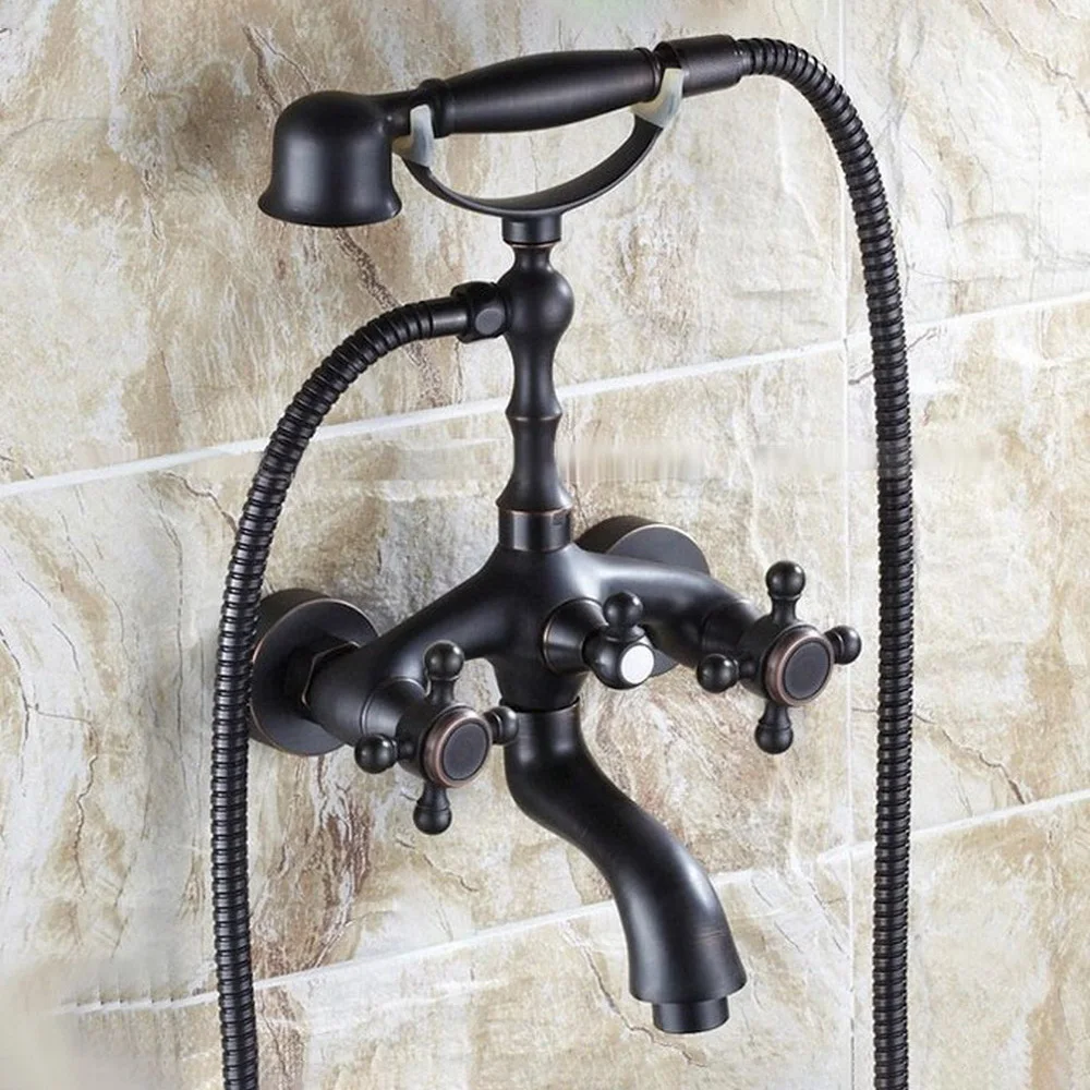 

Black Oil Rubbed Brass Dual Cross Handles Bathroom Tub Faucet with Hand Held Shower Sprayer Ntf042