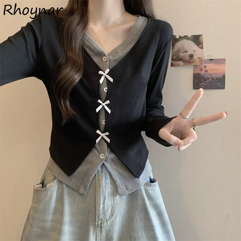 Fake 2pcs Women Autumn Sweet Spicy Studenst V-neck Patchwork Bow Single Breasted Slimming Casual Simple Ulzzang Fashion Daily