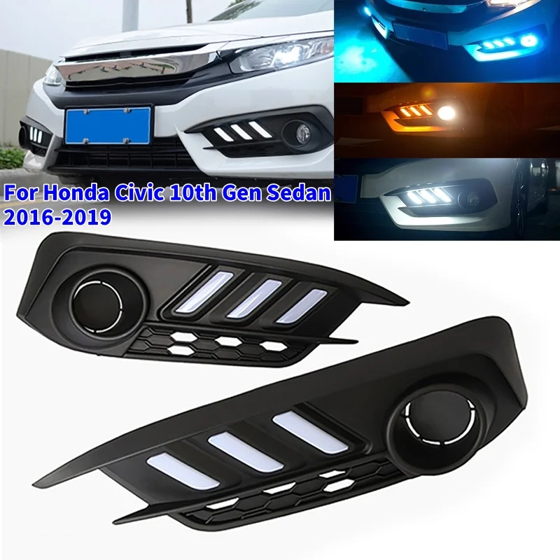 1Pair Car LED Daytime Running Light Fog Lamps Turn Signal For Honda Civic 10th Gen Sedan 2016-2019