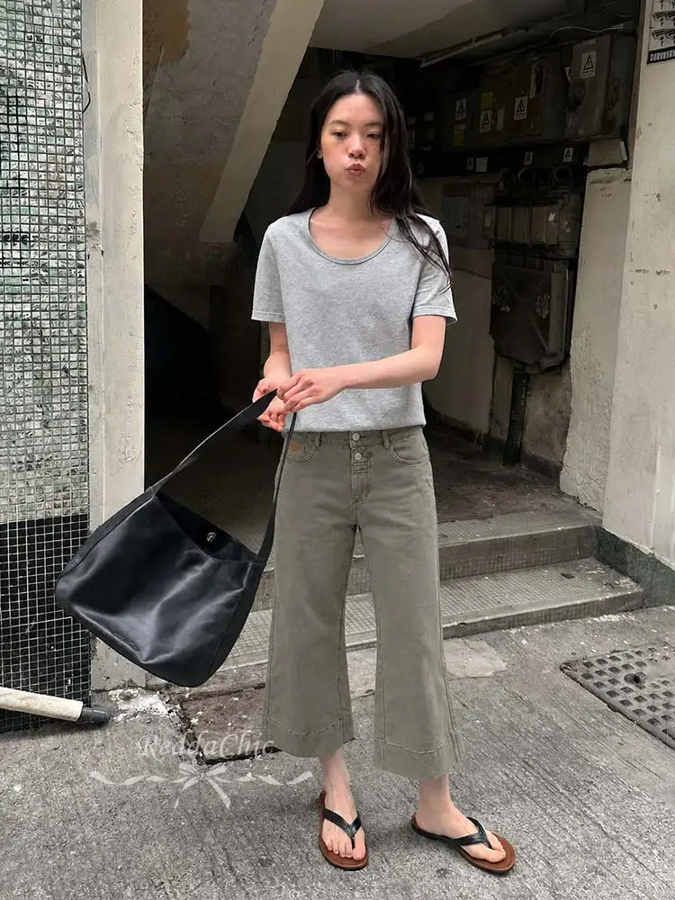 REDDACHiC Trendy Women Cropped Flared Jeans Retro Korea Dual-button Do Old High Rise Bermuda Denim Shorts Causal Y2K Streetwear