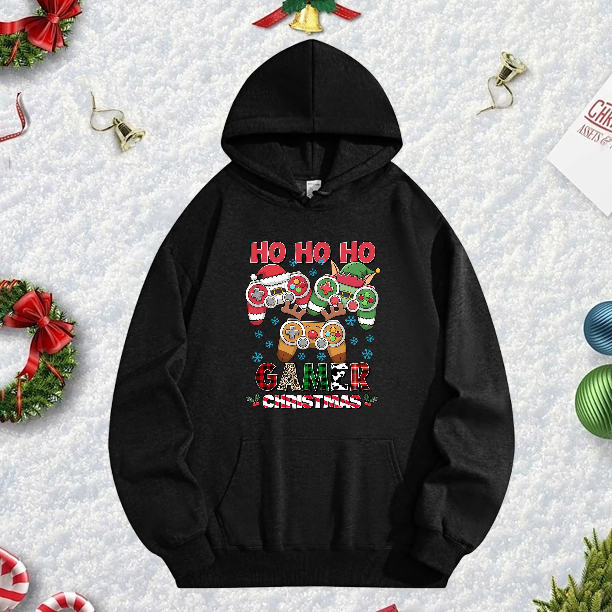 

Черная толстовка с капюшоном Gamer Christmas 270G для мужчин и женщин, уютный флисовый пуловер большого размера для осенне-зимнего рождественского сезона