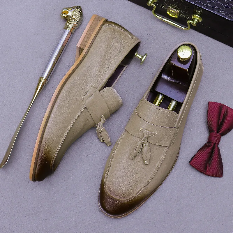 Men Tassel Genuine Leather Loafers Two Tone Burnish Square Toe Low Block Heel Slip On Formal Dress Shoes for Business Daily Wear - view 4