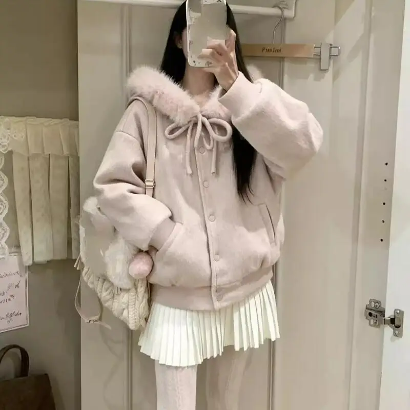 

Милая шерстяная толстая куртка с меховым воротником и бантом для девочек, женская зимняя новая теплая хлопковая стеганая куртка, универсальная зимняя одежда, милая