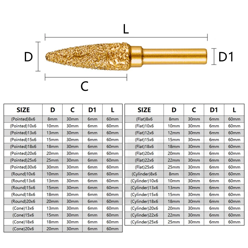 Cabeça de moagem de diamante afiar cabeça de moagem interna mão broca elétrica metal pedra polimento brasagem moagem haste Ferramenta Cnc de Metal Duro Haste de 1/4" Cortador Rotativo Arquivos Gravação 6/8/10/13/15/18