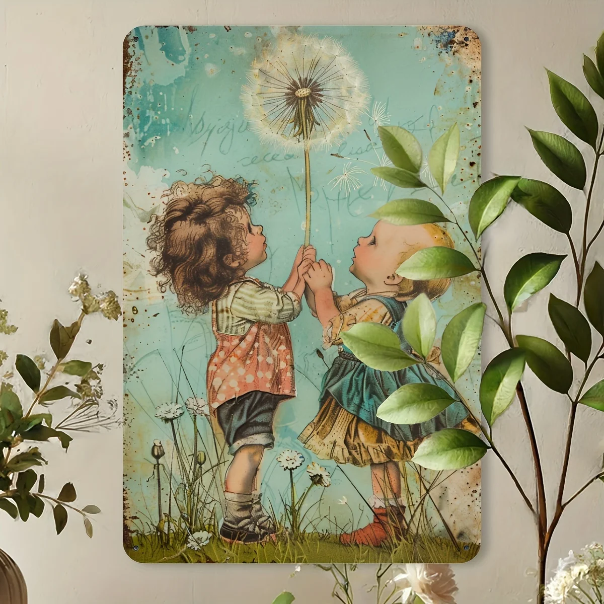 A Vintage Metal Sign Featuring Children And Dandelions, Suitable for Indoor And Outdoor Decoration. It Can Be Hung As Wall Art