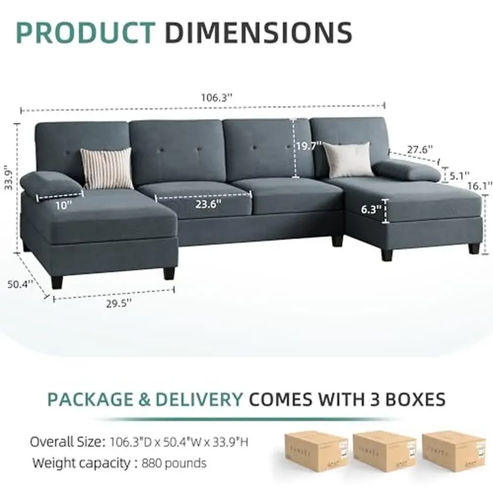 4-Seat U-Shaped Sectional Sofa Couch Living Room Furniture Sets Clearance Dark Grey Double Chaises Solid Wood Frame 880lb