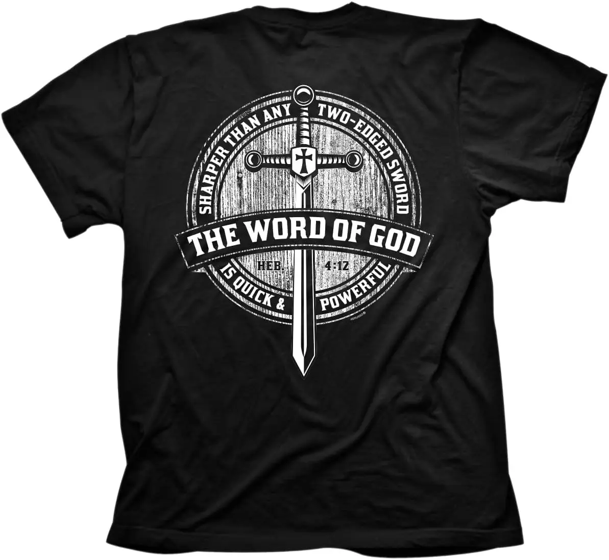 Kerusso The Word of God is Quick and Powerful Sharper Than Any Two-Edged Sword Cross Black Cotton Crew Neck T-Shirt, Small