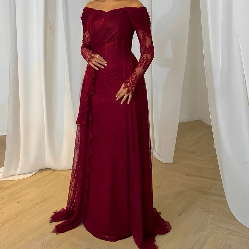 

Customized Mermaid Evening Dresses Floor-length Off The Shoulder Full Sleeve Prom Gown Fashion Pleat Simple Draped Party Gown