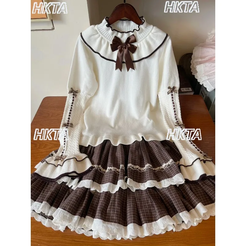 

Милый и милый осенний новый тонкий кружевной бант, универсальный вязаный свитер в стиле Лолиты, топ, клетчатый торт, коричневые мини-юбки, комплект для женщин