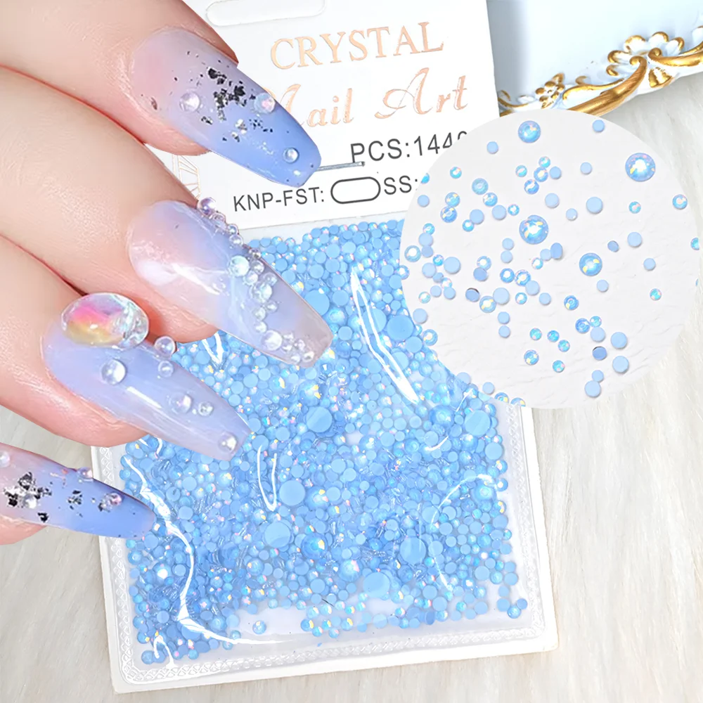 1440pcs Sea Blue Mermaid Bubble Beads Nail Decorations 3D Macaron Mixed Size Flatback Round Beads Nail Parts DIY Nail Decor Gems