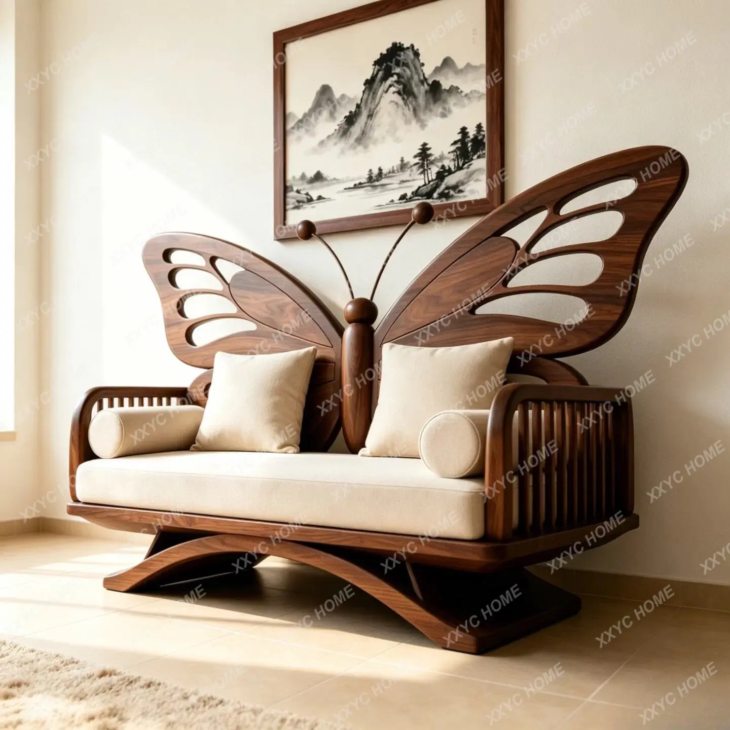 XX New Chinese Style  Black Walnut Butterfly Sofa for Living Room Home, Modern Simple Solid Wood