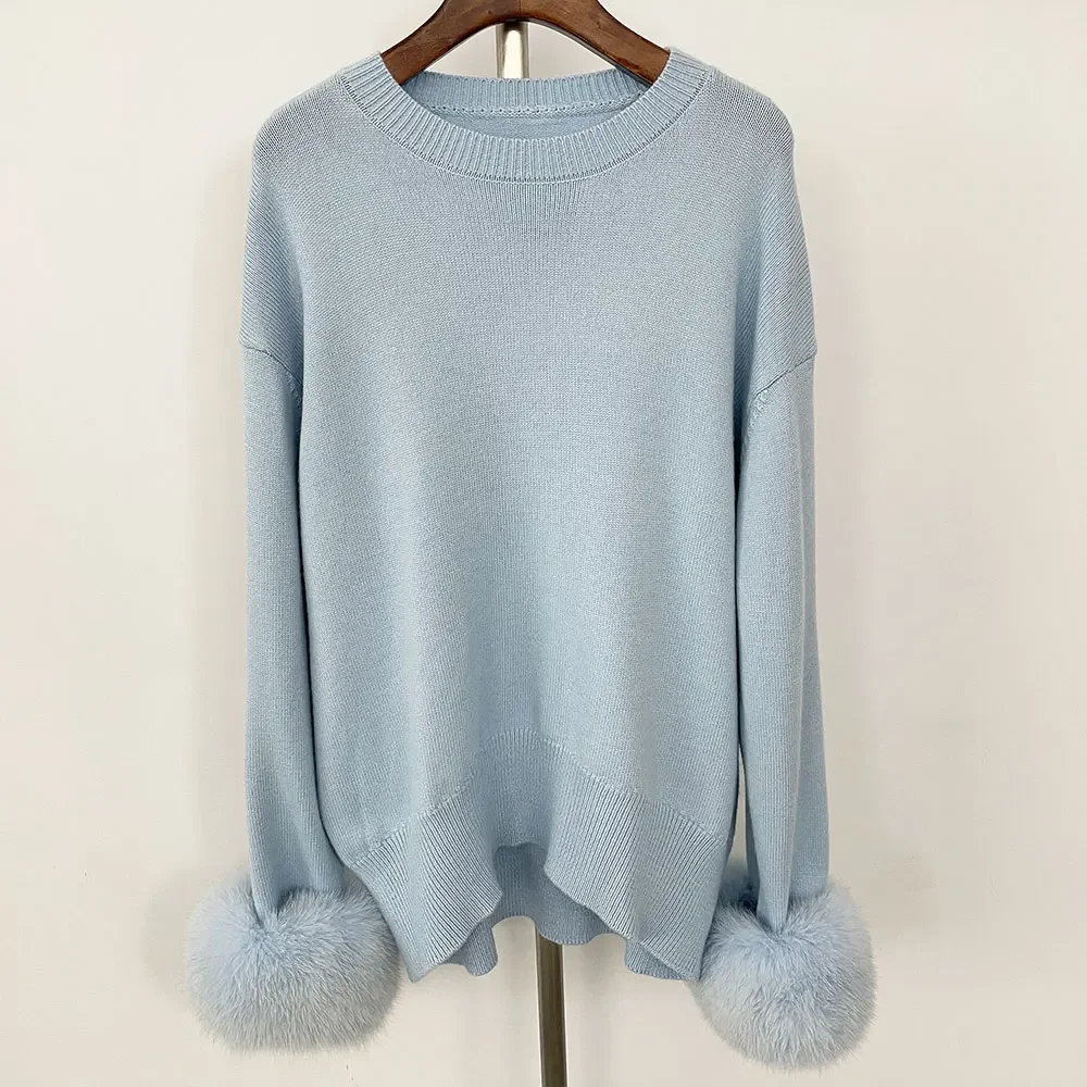 

Женский осенне-зимний трикотажный свитер со съемным натуральным лисьим мехом