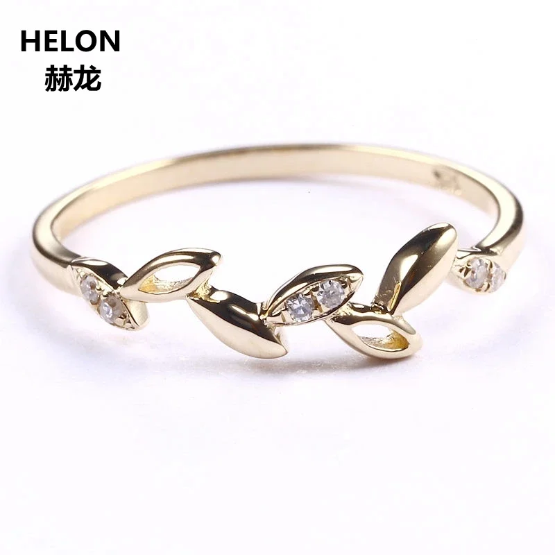 Leaf Solid 14k Yellow Gold Natural Diamonds Engagement Ring Wedding Anniversary Band Fine Jewelry Women Trendy