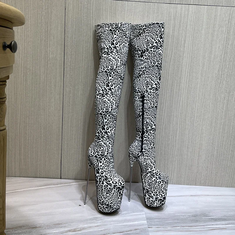 Brand Pole Dancing 20cm Thin Heels Stiletto Over The Knee Long Boots Platform Women PUNK Pumps 22cm Ladies Leopard Print Shoes