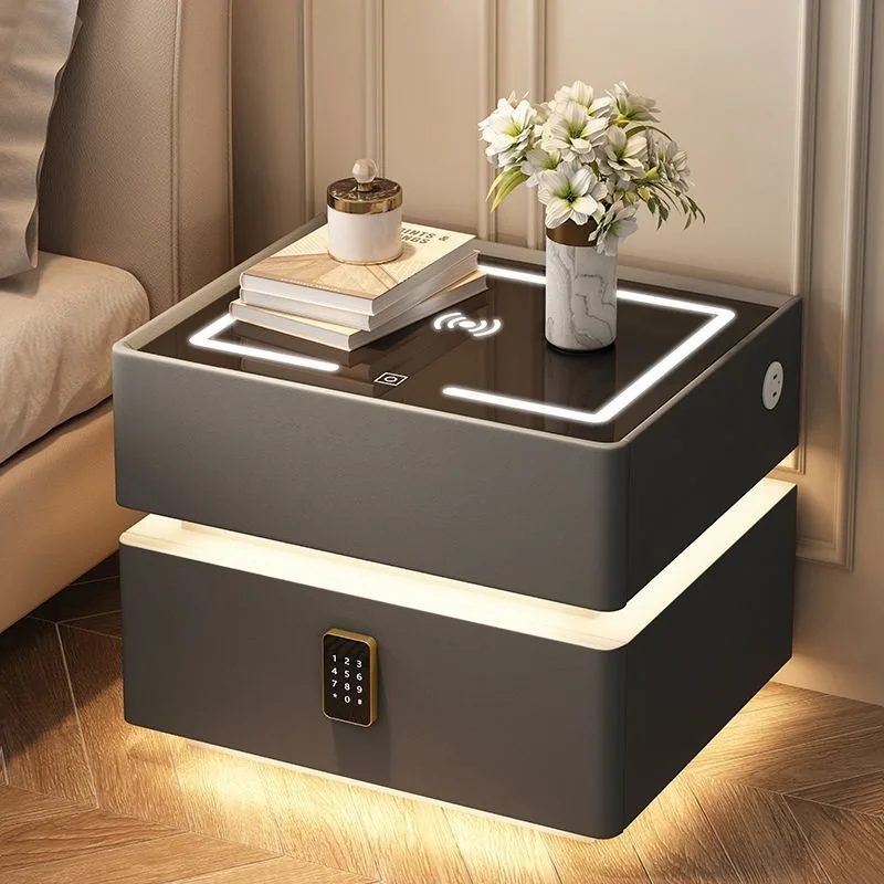 Light luxury modern smart bedside table simple multi-function suspended solid wood bedroom with lamp