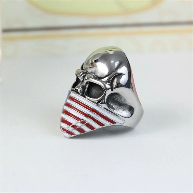 Men\'s Stainless Steel Vogue Design Usa Flag Pattern Skull Ring Size 8 9 10 11