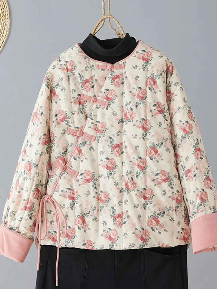 

Slim Fit Velvet Coat for ort Women Winter New Sle Retro Button round Ne Cotton Jaet Printed Floral Pattern Thiened