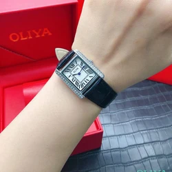 Rectangular simple elegant ultra-thin women's watch transparent zircon waterproof leather holiday gift girls' quartz watch