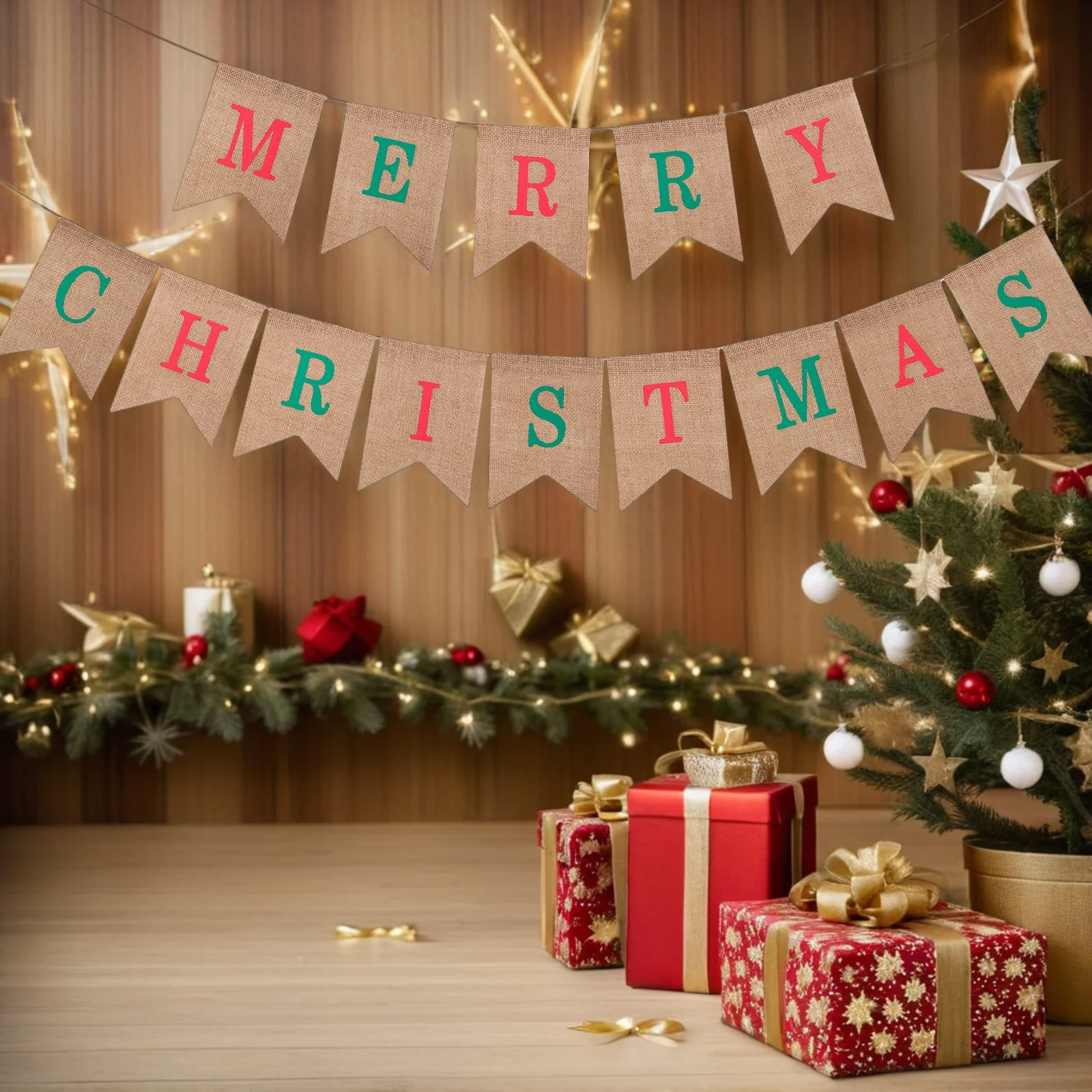 

Vintage Merry Christmas Burlap Banner Reusable Rustic Garland for Holiday Party Decor Mantel Fireplace Outdoor Hanging